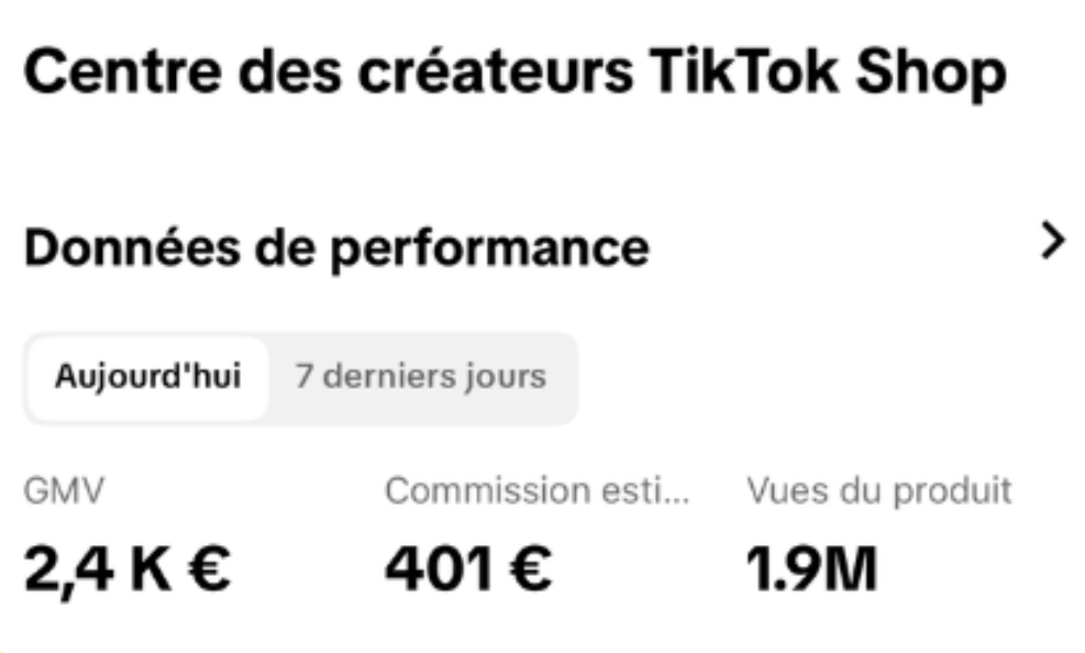 Centre des créateurs TikTok Shop : 1,7K€ GMV, 1.6M vues