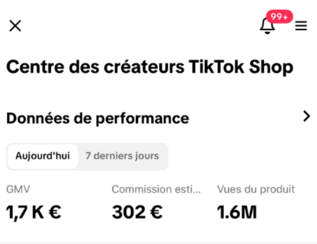 Centre des créateurs TikTok Shop : 2,4K€ GMV, 1.9M vues