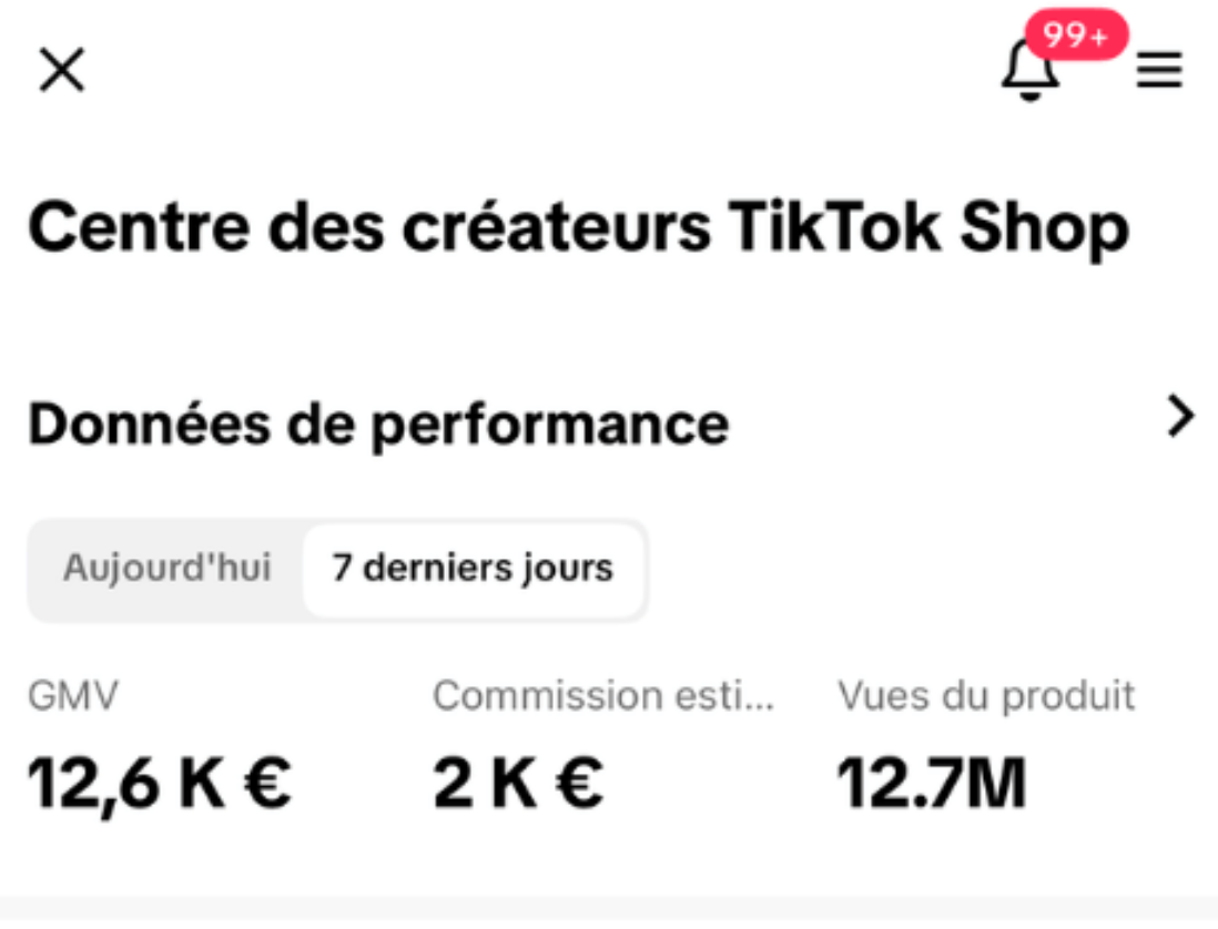 Centre des créateurs TikTok Shop : 12,6K€ GMV, 12.7M vues