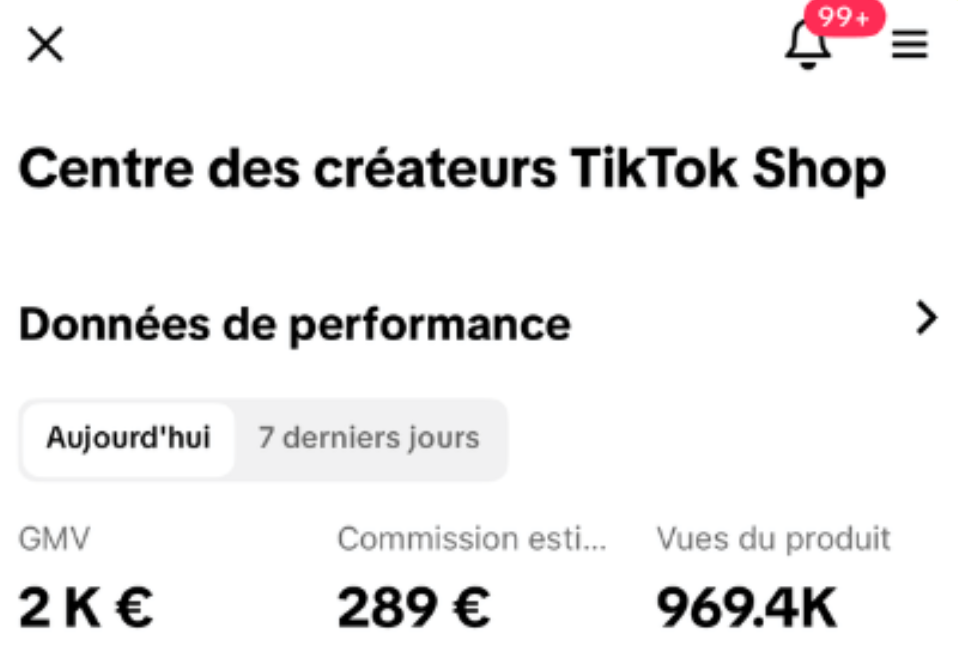 Centre des créateurs TikTok Shop : 2K€ GMV, 969.4K vues