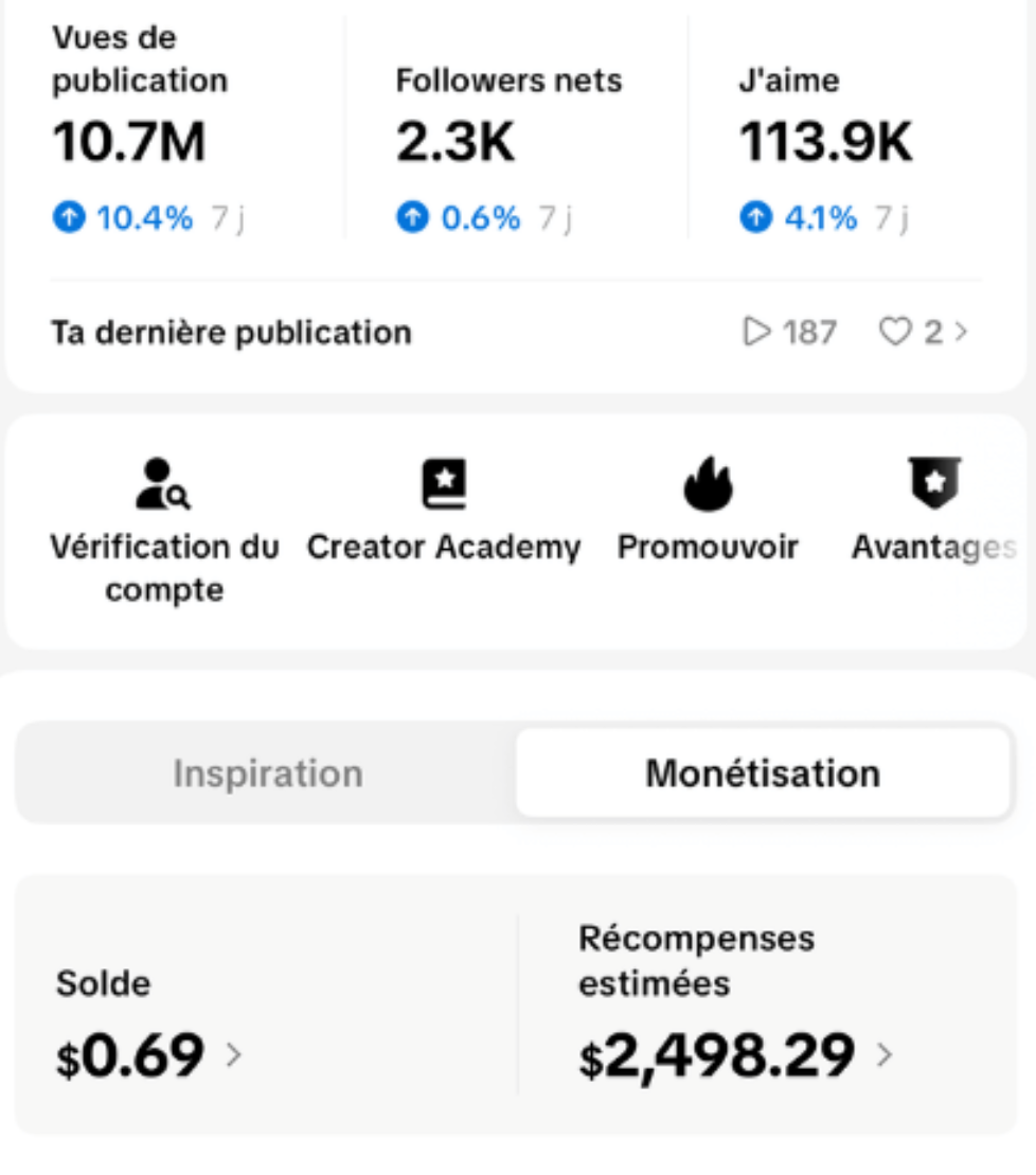 Statistiques TikTok : 10.7M vues, 113.9K likes, $2,498 récompenses