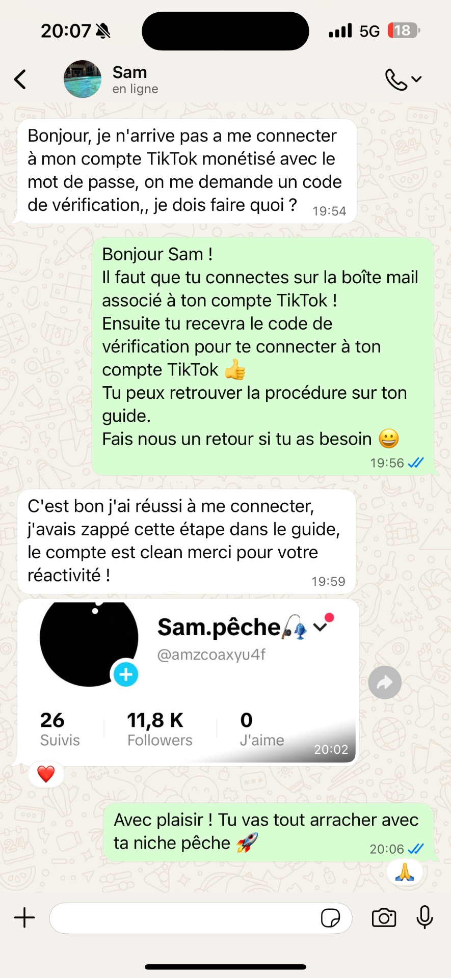 Conversation WhatsApp avec notre support client réactif
