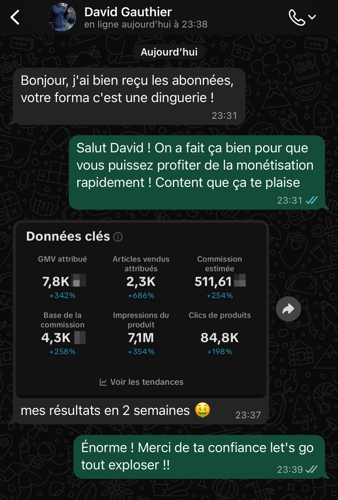 Conversation WhatsApp avec notre support client réactif